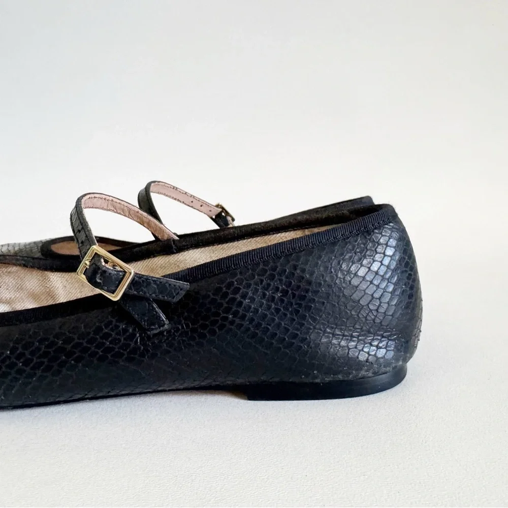 J. Crew Quinn Square Toe Mary Jane Flat Shoe 10 Black Snake Embossed Classic - Picture 6 of 10